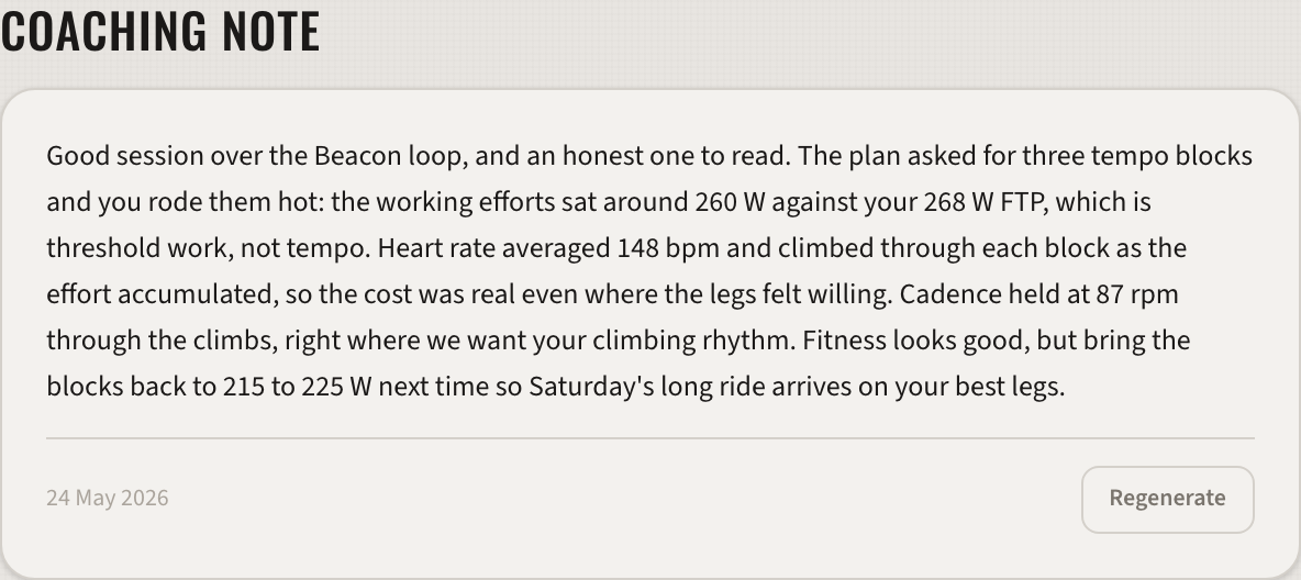 The coaching note card on an activity page: a personalised note reading the athlete's tempo ride against their own numbers
